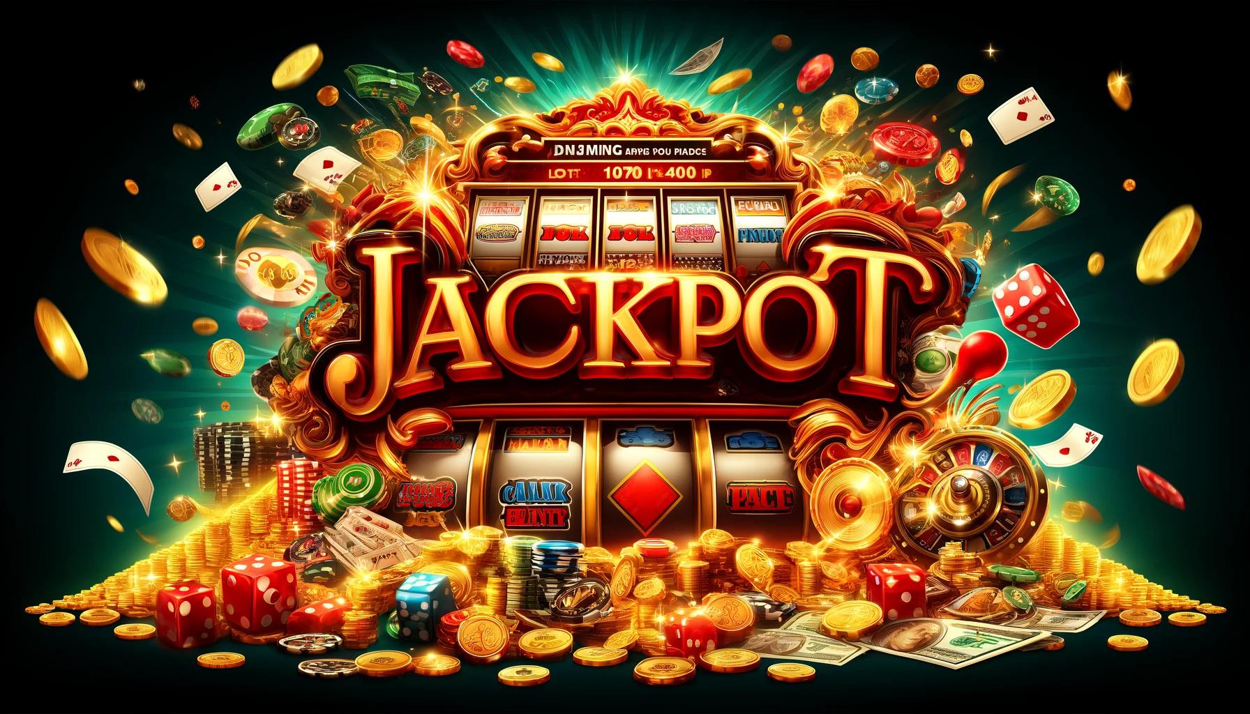 DALL·E 2024 04 10 15.52.51 Design a wide banner for a jackpot page dimensions 1900x400 pixels with a vivid casino theme. The word Jackpot should be prominently displayed in