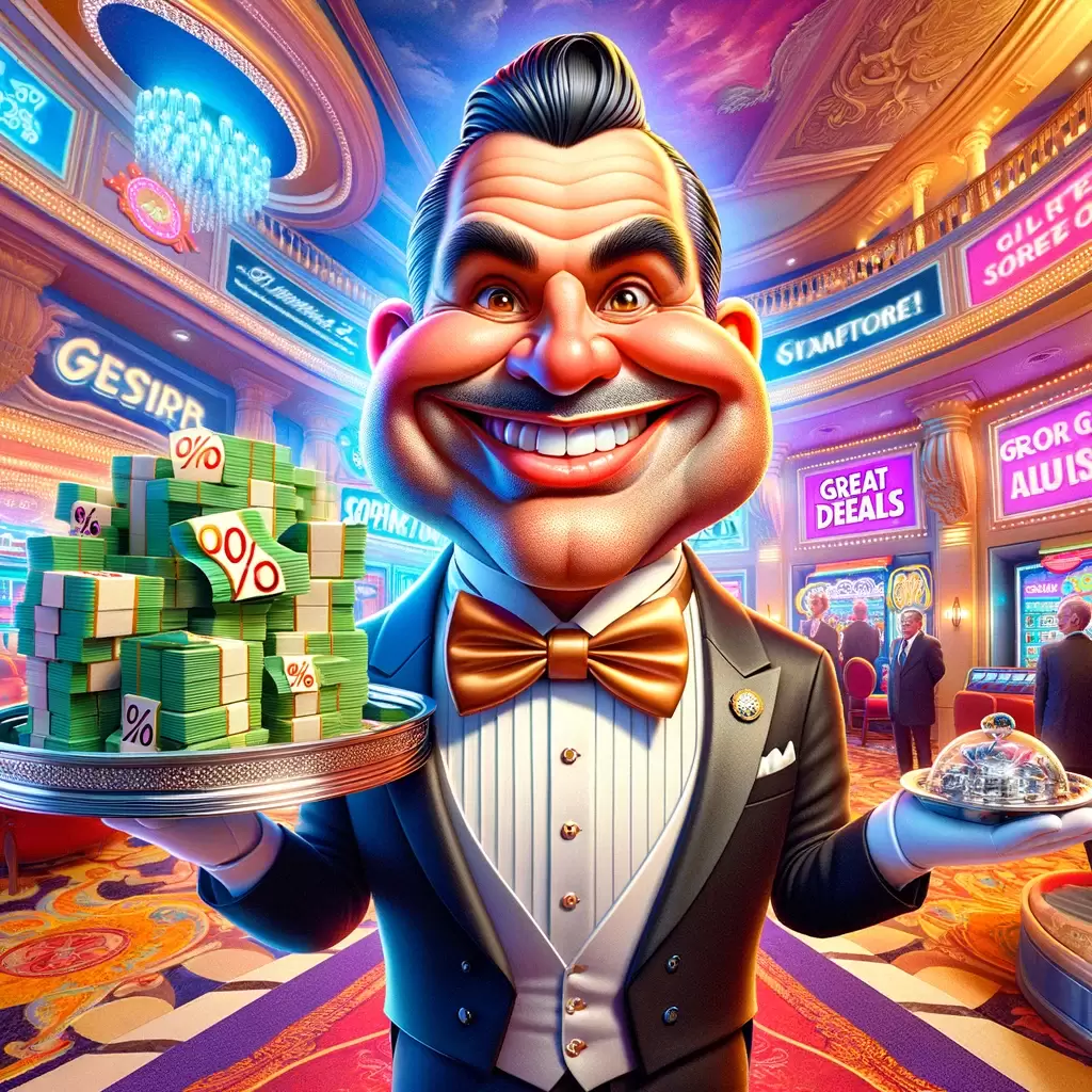 DALL·E 2024 03 11 13.23.40 Visualize a caricature of a butler in a vibrant exaggerated style standing in an opulent casino environment. The butler with a cartoonish and overs 1