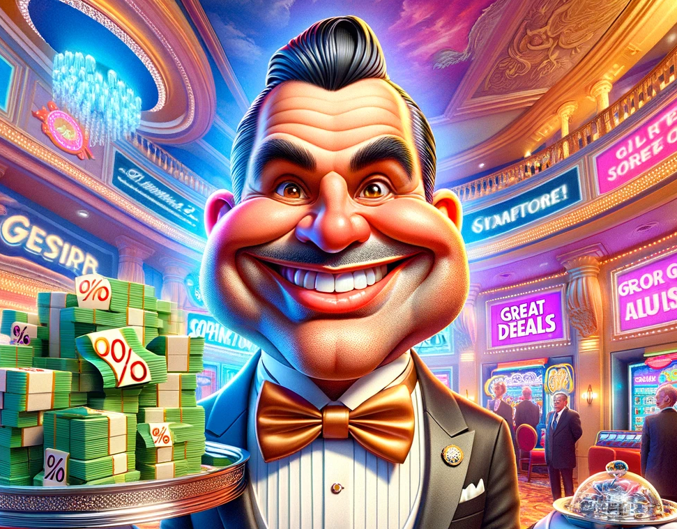 DALL·E 2024 03 11 13.23.40 Visualize a caricature of a butler in a vibrant exaggerated style standing in an opulent casino environment. The butler with a cartoonish and overs copy 2